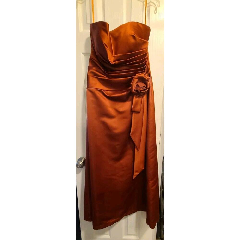 David’s Bridal Strapless Chocolate Copper Brown Satin Formal Prom Dress Sz 14